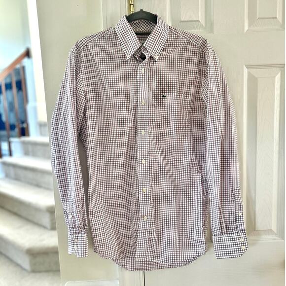 Lacoste Red & Black Checked Plaid White Long Sleeve Logo Button Down Shirt - Picture 1 of 7